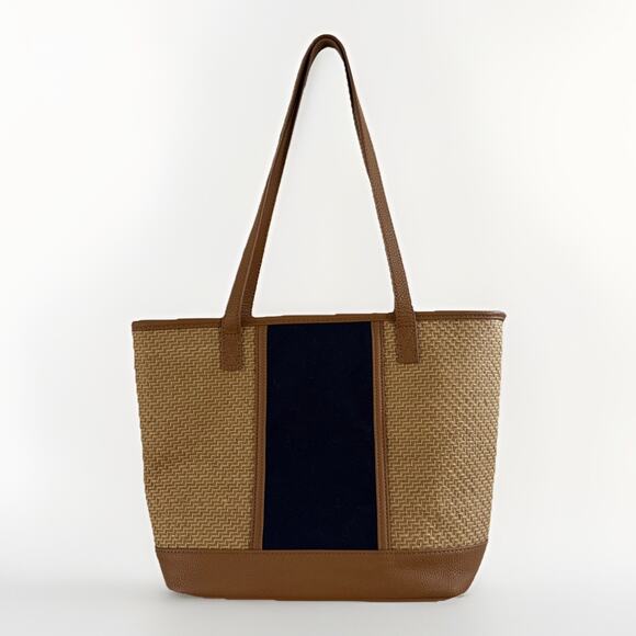 Thirty-One Dream Big Woven Straw Pattern with Navy Blue Panel Tote Bag 16x11x5 - Picture 2 of 6
